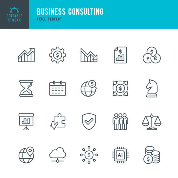 Business Consulting - Thin Line Vector Icon Set. 20 lineare Symbole. Pixel perfekt. Bearbeitbarer Gliederungsstrich. Das Set enthält Symbole: Geschäftsstrategie, Diagramm, Finanzbericht, Künstliche Intelligenz, Gruppe von Menschen, Finanzprozess.
