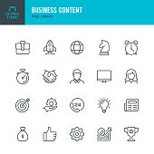 Business Content - thin line vector icon set. 20 linear icon. Pixel perfect. Editable outline stroke. The set contains icons: Startup, Business Strategy, Data Analysis, Budget, Target, Award, Like Button, Portfolio, Man, Women, Idea, Contact Us.