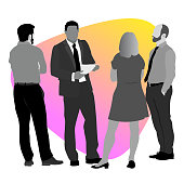 Small group of business people standing and talking to each other. Flat design style illustration