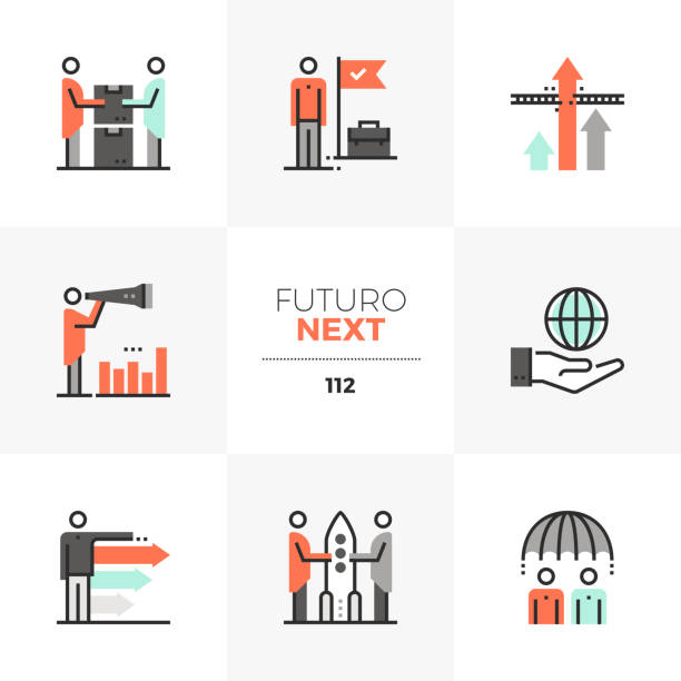 Business Cooperation Futuro Next Icons Modern flat icons set of business cooperation, competitive advantage. Unique color flat graphics elements with stroke lines. Premium quality vector pictogram concept for web, logo, branding, infographics. safe move stock illustrations