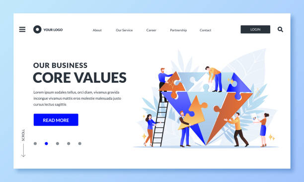 Business core value concept. Vector flat cartoon illustration. People team assemble diamond shape puzzle Business core value and company corporate mission concept. Vector flat cartoon illustration for web landing page, banner design template. People team assemble diamond shape puzzle morality stock illustrations