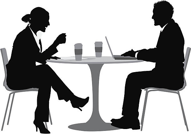 bildbanksillustrationer, clip art samt tecknat material och ikoner med business couple at dinner table - man jobbar dator ögonkontakt