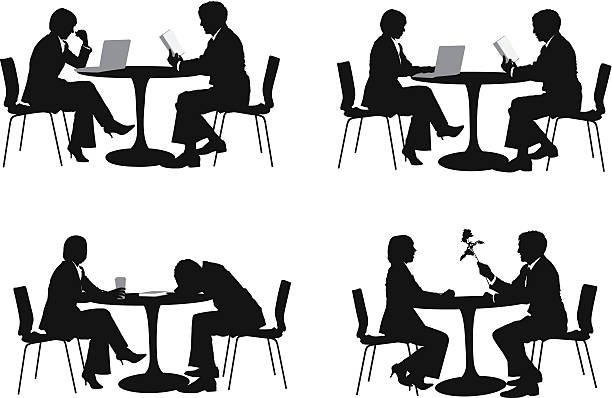 bildbanksillustrationer, clip art samt tecknat material och ikoner med business couple sitting at the table - man jobbar dator ögonkontakt