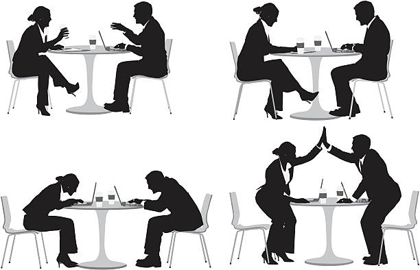 Business couple sitting in a restaurant Business couple sitting in a restauranthttp://www.twodozendesign.info/i/1.png laptop silhouettes stock illustrations