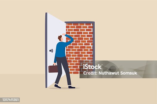 istock Business dead end, no way to exit or big mistake and wrong decision, obstacle and difficulty to overcome concept, businessman open exit door and found brick wall blocking the way. 1317411351