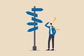 istock Business decision making, career path, work direction or leadership to choose the right way to success concept, confusing businessman manager looking at multiple road sign and thinking which way to go 1282657902