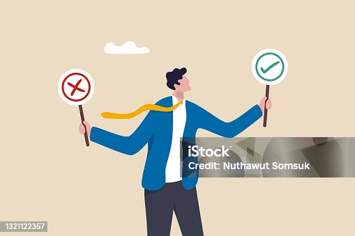 istock Business decision right or wrong, true or false, correct and incorrect, moral choosing option concept, thoughtful businessman holding right or wrong of left and right hand while making decision. 1321122357