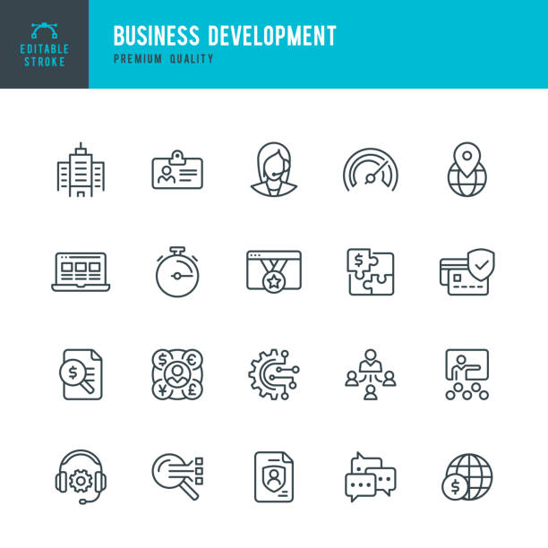 Business Development - vector line icon set. Editable stroke. Pixel perfect. Set contains such icons as Office, Support, Management, Insurance, Webinar. Business Development - vector line icon set. Editable stroke. Pixel perfect. Set contains such icons as Office, Development, Support, Management, Insurance, Webinar, SEO, Accountancy. presentation speech icons stock illustrations