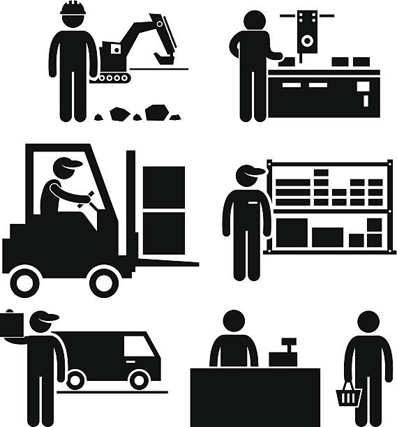 Business Ecosystem between Manufacturer, Distributor, Wholesaler, Retailer, and Consumer A set of pictograms representing the ecosystem between different parties in business. They are manufacturer, distributor, wholesaler, retailer, and consumer. manufacturing silhouettes stock illustrations