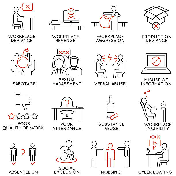 Business ethics, organizational behavior in the workplace icons - part1 Vector set of 16 icons related to business ethics, organizational behavior in the workplace and workplace incivility. Mono line pictograms and infographics design elements - part 1 aggression stock illustrations
