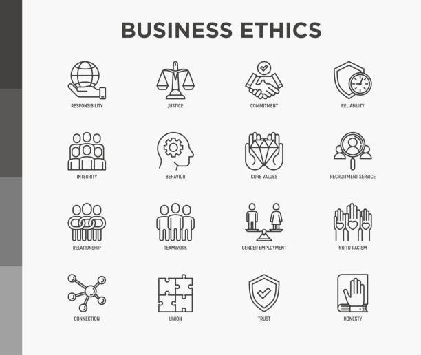 ビジネス倫理の細い線のアイコンセット:接続、組合、信頼、正直、責任、正義、コミットメント、人種差別、チームワーク、ジェンダー雇用、コアバリューにノー。現代のベクトルイラスト - csr点のイラスト素材／クリップアート素材／マンガ素材／アイコン素材