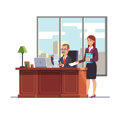 Business executive with a secretary at his desk giving a paper for a signature. Flat style modern vector illustration. vector