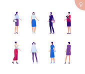Business female asian ethnic people set. Vector flat person illustration. Group of white skin corporate women in different cloth and poses. Design element for banner, poster, background, sketch, art