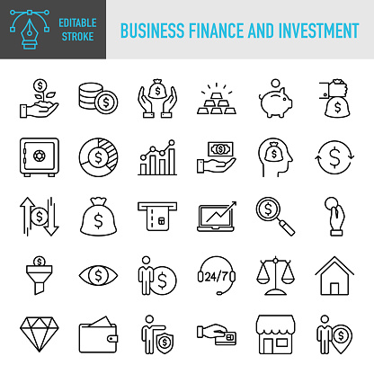 Business Finance and Investment Icons Collection - Thin line vector icon set. 30 linear icon. Pixel perfect. Editable stroke. For Mobile and Web. The set contains icons: Finance, Saving Money, Bank, Banking, Capital, Financial Control, Money  Management, Investment