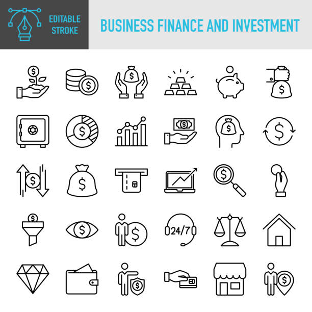 商業金融和投資圖示集合 - 細線向量圖示集。圖元完美。可編輯的筆劃。用於行動和網路。該集包含圖標：金融，儲蓄，銀行，銀行，資本，財務控制，資金管理，投資 - editable stroke 幅插畫檔、美工圖案、卡通及圖標