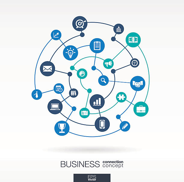 Business flat integrated icons set. Vector connection concept infographic illustration Business connection concept. Abstract background with integrated circles and icons for strategy, service, analytics, research, digital marketing, communicate concepts. Vector infographic illustration consistent word stock illustrations