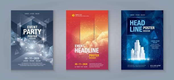 Business Flyer Poster Design Set. Layout Template, Abstract techno Geometric Background Business Flyer Poster Design Set. Layout Template, Abstract techno Geometric Background, invitation Card, leaflet, Booklet, annual Report, Cover brochure set for sci-fi, Technology, digital, Music, Festival annual event stock illustrations