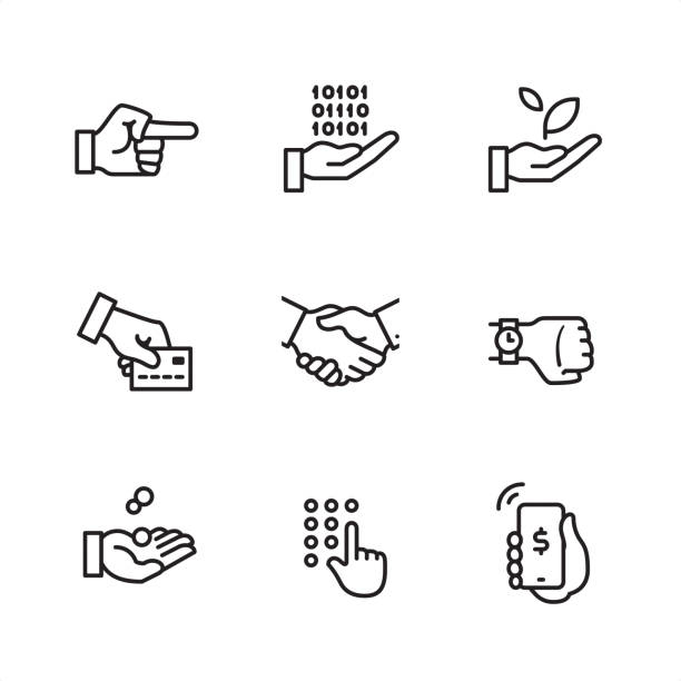 illustrazioni stock, clip art, cartoni animati e icone di tendenza di gesto aziendale - icone del contorno pixel perfect - hand holding
