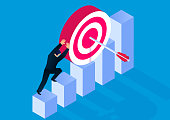 istock Business goals and personal pursuits, the isometric businessman pushes the target with the arrow to the top of the bar graph 1319152446
