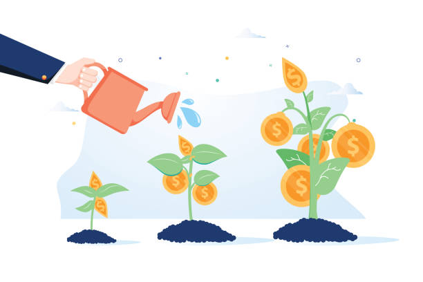 Business growth concept. Vector of a business man hand with pot watering profitable money tree. Business growth concept. Vector of a business man hand with pot watering profitable money tree. Business growth. Attract investitions startup, profit income. Business success investments, finances 401k stock illustrations