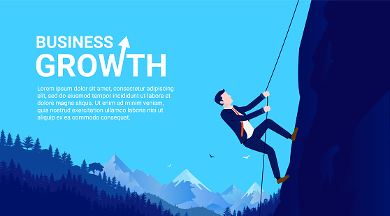 Business growth illustration with businessman climbing up mountain