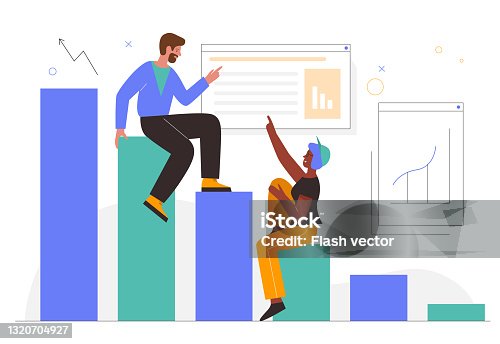 istock Business growth, work result graph growing concept with people sitting on statistic bars 1320704927