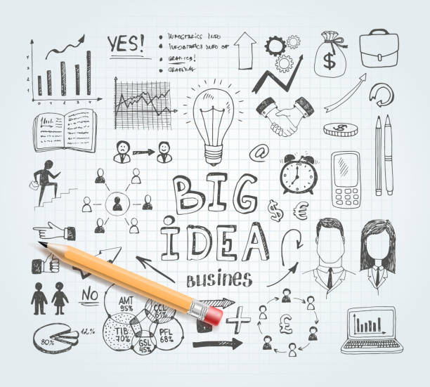 Business idea doodles Vector business idea doodles with charts and diagrams and pencil presentation speech icons stock illustrations