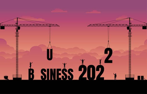 Business in the new year 2022 Business finance background. Construction site crane building a business text idea concept. Business in the new year 2022. Vector silhouette illustration design marketing silhouettes stock illustrations