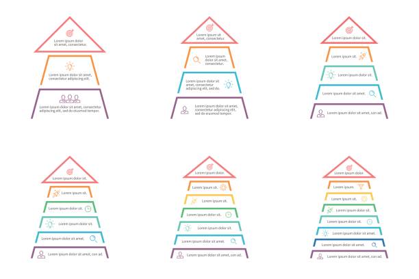 Business infographics. Pyramids, arrows with 3, 4, 5, 6, 7, 8 steps, sections, levels. Vector templates. Business infographics. Pyramids, arrows with 3, 4, 5, 6, 7, 8 steps, sections, levels. Vector templates. organizational structure stock illustrations
