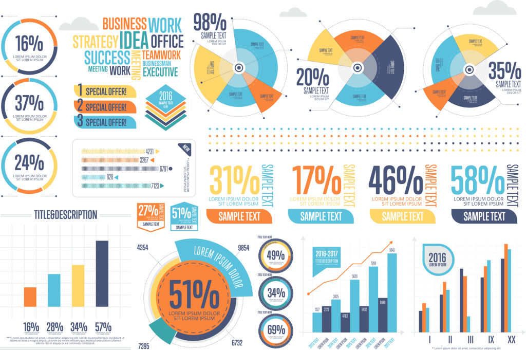 Business infographics set with different diagram vector illustration. Abstract data visualization elements, marketing charts and graphs. Website, corporate report, presentation, advertising template