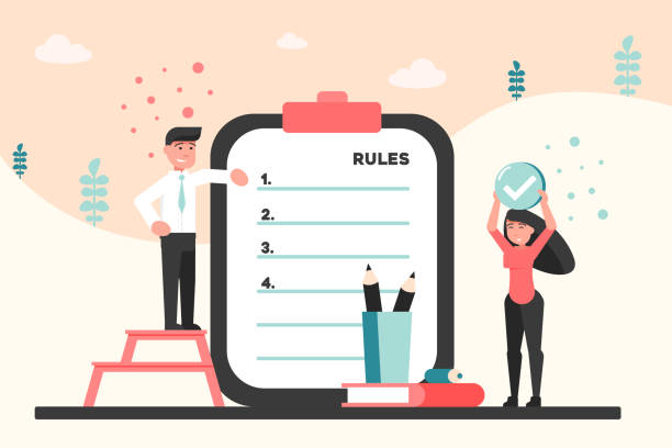 Business, information, presentation, rules concept Business, presentation, rules concept. Young businessman woman clerks managers demonstrating regulations checklist with law information. Society control guidelines about strategy or restrictions. businessman borders stock illustrations