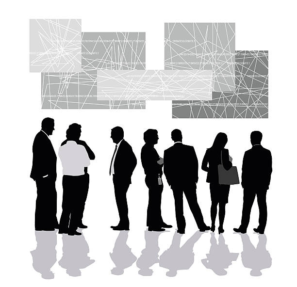 Business Innovators A vector silhouette illustration of a group of business professionals including men and a woman standing in small groups engaged in conversation below an absract block pattern. board of directors stock illustrations