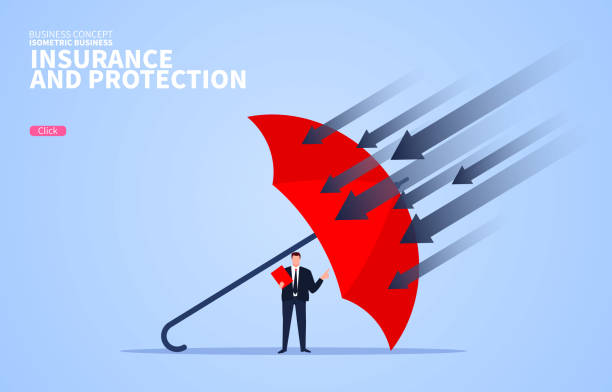 ビジネス保険と保護、赤傘保護ビジネスマン - 防御する点のイラスト素材／クリップアート素材／マンガ素材／アイコン素材