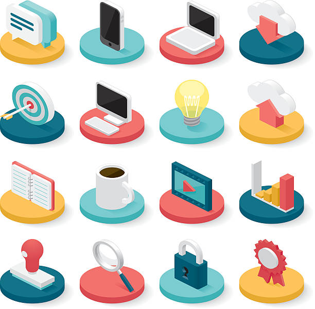 business isometric icons A set of 16 business icon. 3d icons stock illustrations