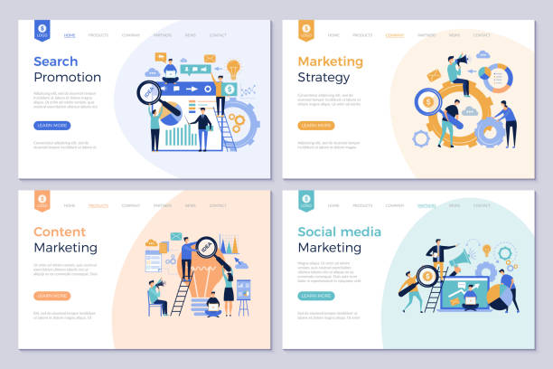 Business landing pages. Marketing website design layout template people promotion modern vector pictures Business landing pages. Marketing website design layout template people promotion modern vector pictures. Social media marketing, content optimization illustration strategy stock illustrations