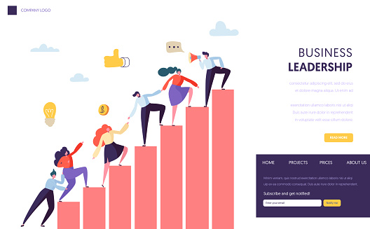 Business Leader Help Team Reaching Up Website. People Climbing Up the Graph. Career Ladder with Characters. Teamwork, Partnership Concept for Website or Web Page. Flat Cartoon Vector Illustration