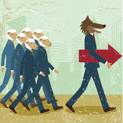 Business leader men wolf sheep follower conformist sheeplike