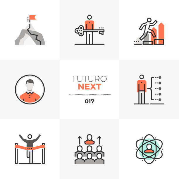 Business Leadership Futuro Next Icons Semi-flat icons set of develop leadership skills and achieve goals. Unique color flat graphics elements with stroke lines. Premium quality vector pictogram concept for web, branding, infographics. entrepreneur clipart stock illustrations