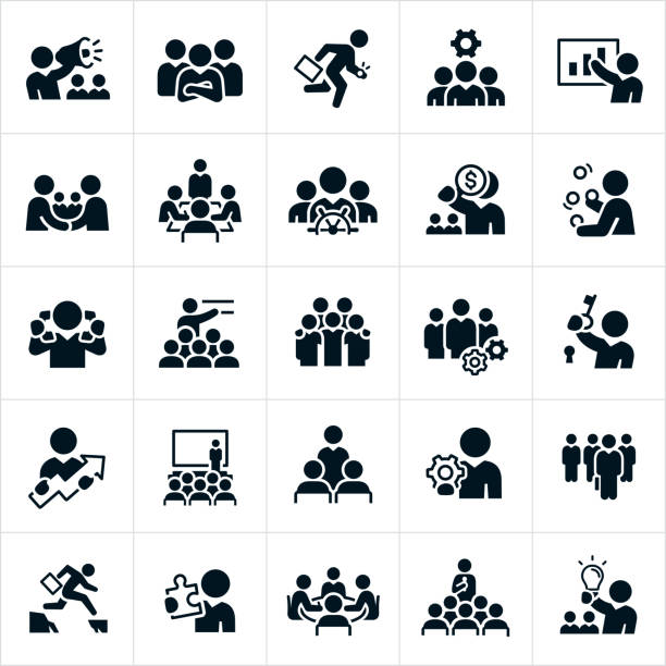 Business Leadership Icons A set of business leadership icons. The icons include different leadership and management concepts and include business people, a manager with a bullhorn, a leader with his arms folded and team in the background, business teams, a manager running with briefcase, a manager giving a presentation, business people shaking hands, a business meeting with a manager at the head of the table, a leader at the helm of a ship, a manager juggling, a manager talking on two telephone handsets at one time, a business team with cogs, a business manager holding a key to a lock, business meetings, seminars, presentations, a manager holding a cog, a leader selected from a group and holding a briefcase, a leader jumping a gap, a manager holding a puzzle piece and a manager holding a lightbulb just to name a few. meeting icons stock illustrations