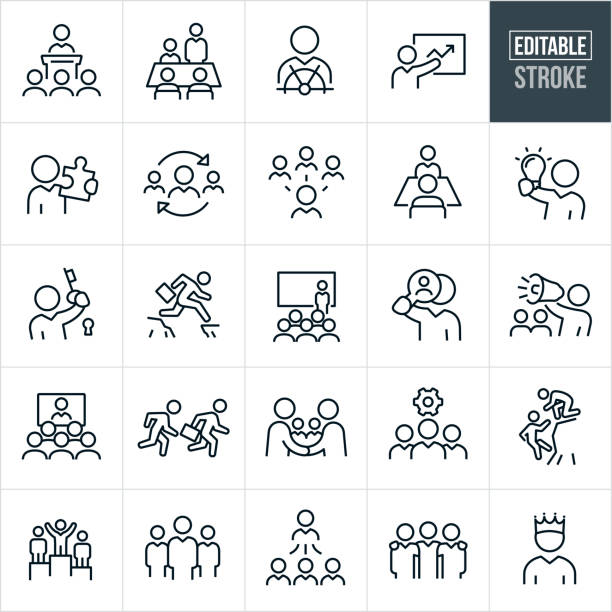Business Leadership Thin Line Icons - Editable Stroke A set of business leadership icons that include editable strokes or outlines using the EPS vector file. The icons include business leaders, manager, business leader giving presentation, business people in a boardroom, business leader at helm of ship, business leader holding a puzzle piece, manager with employees, manager holding a lightbulb, business leader holding a key to a lock, business person jumping over cliff, business leader training employees, business leader using a megaphone, business people at video conference, business leader leading race, handshake, business team, three business people with arms around shoulders, business leader with crown and a business leader atop a winners podium to name a few. presentation speech icons stock illustrations