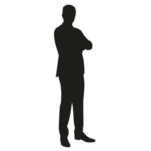 Business main in suit with folded arms Business main in suit with folded arms teacher silhouettes stock illustrations