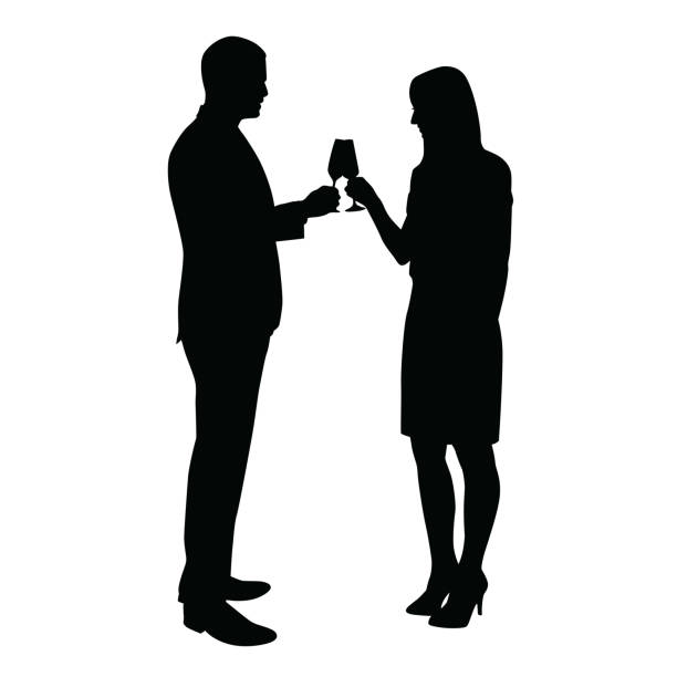 Business man and woman celebrating with a glass of champagne. Vector silhouettes of a young couple who toasts to the birthday celebration, success, anniversary Business man and woman celebrating with a glass of champagne. Vector silhouettes of a young couple who toasts to the birthday celebration, success, anniversary champagne clipart stock illustrations