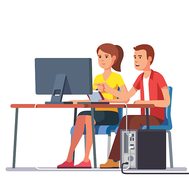 Business man and woman working together Business man and woman working together sitting at one desk with desktop computer big monitor. Flat style color modern vector illustration. entrepreneur patterns stock illustrations