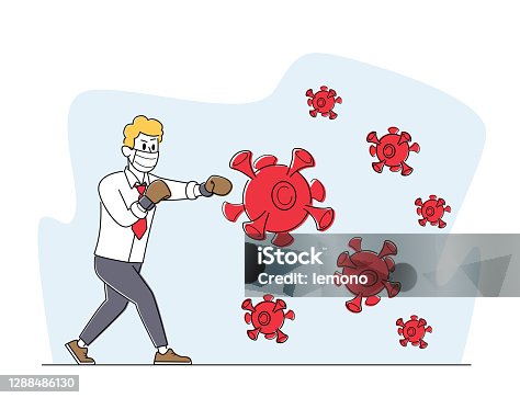 istock Business Man Character in Boxing Gloves and Medical Mask Fighting with Huge Coronavirus Cell or Bacteria, Covid Pandemic 1288486130
