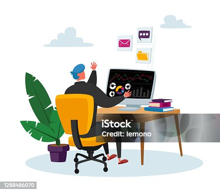 istock Business Man Character Trader Working on Computer Sell and Buy Currency, Precious Metals and Bonds on Stock Market 1288486070
