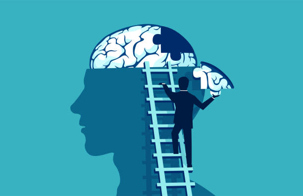 Business man climbing up the stairs reaching human head to add piece of brain Brain puzzle vector concept. Business man climbing up the stairs reaching human head to add piece of brain puzzle. persuasion stock illustrations