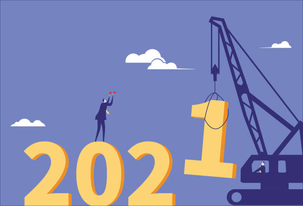 Business man directs crane installation 2021 Business man directs crane installation 2021 safe move stock illustrations