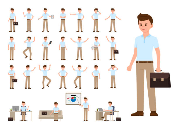 Business man in casual office look cartoon character set. Vector illustration of office person in different poses Business man in casual office look cartoon character set. Vector illustration of office person in different poses businessman patterns stock illustrations