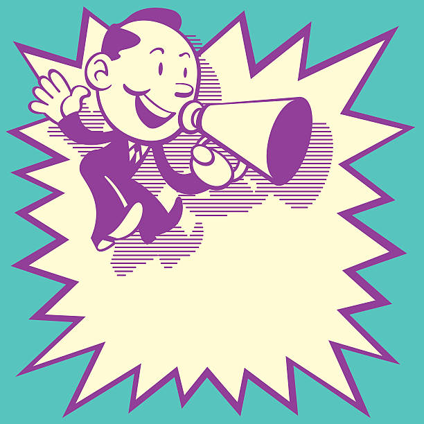 Retro Style of cute business man jumping and shouting with with a speaker. Come with a big star shape speech bubble for text area.
