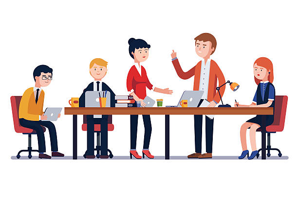 Business man meeting at a big conference desk Business man meeting at a big conference desk. Startup company. People working together. Modern colorful flat style vector illustration isolated on white background. leadership clipart stock illustrations